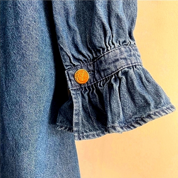COPY - Draper James RSVP Denim Long Sleeve Ruffled Button Up Mini Dress. Size L - Picture 7 of 10